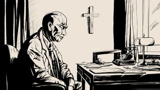 Das Bild ist im Stil eines Graphic Novel gezeichnet. Es zeigt den damaligen Leiter der Anstalt Bethel, Friedrich v. Bodelschwingh