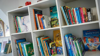 Shelf with Ukrainian books.