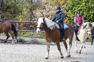 Gruppe Reiten als Freizeitsport macht sich auf dem Platz warm
