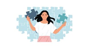 Eine Zeichnung einer Frau die Puzzleteile sortiert.