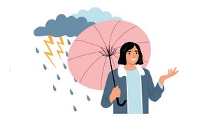 Ein Frau mit einem Regenschirm in der Hand. Hinter ihr ist eine Gewitterwolke mit einem Blitz.
