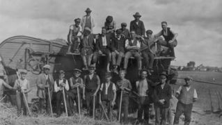 Historische Aufnahme von Männern bei der Agrararbeit