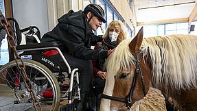 Junge im Rollstuhl streichelt Pferd bei Reittherapie