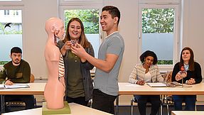 Auszubildende zeigen der Klasse etwas am anatomischen Modell.