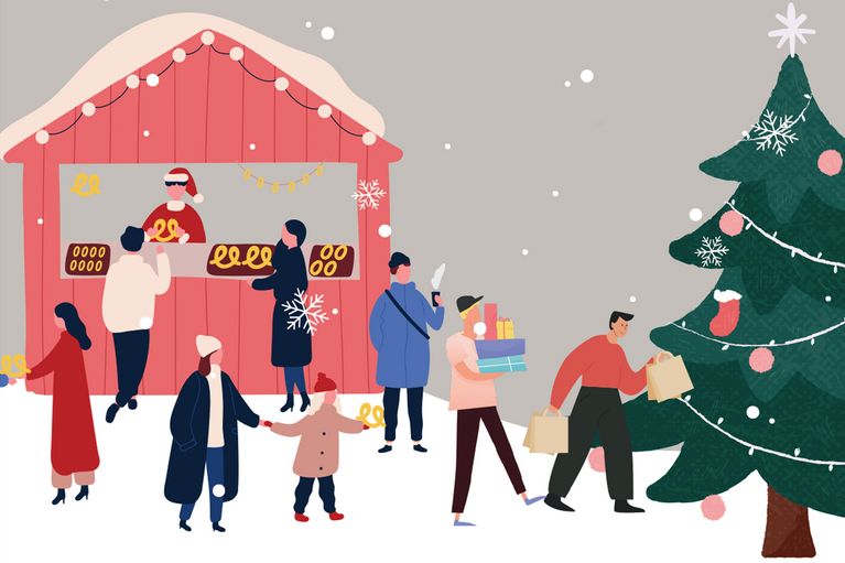 Grafik Buntes Treiben auf dem Weihnachtsmarkt