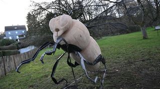 Eine große Skulptur einer Biene steht auf einer Wiese.