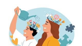 Eine Frau und ein Mann, denen Blumen aus den Köpfen wachsen. Der Mann gießt seine Blumen.