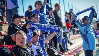 Die Fans stehen auf der Tribüne und feuern Arminia an.