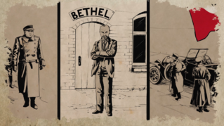 Screenshot aus dem Kurzfilm zeigt Friedrich von Bodelschwingh steht mit verschränkten Armen vor einer Tür über der der Schriftzug Bethel steht, links und rechts am Bildrand sind Männer in Uniformen.